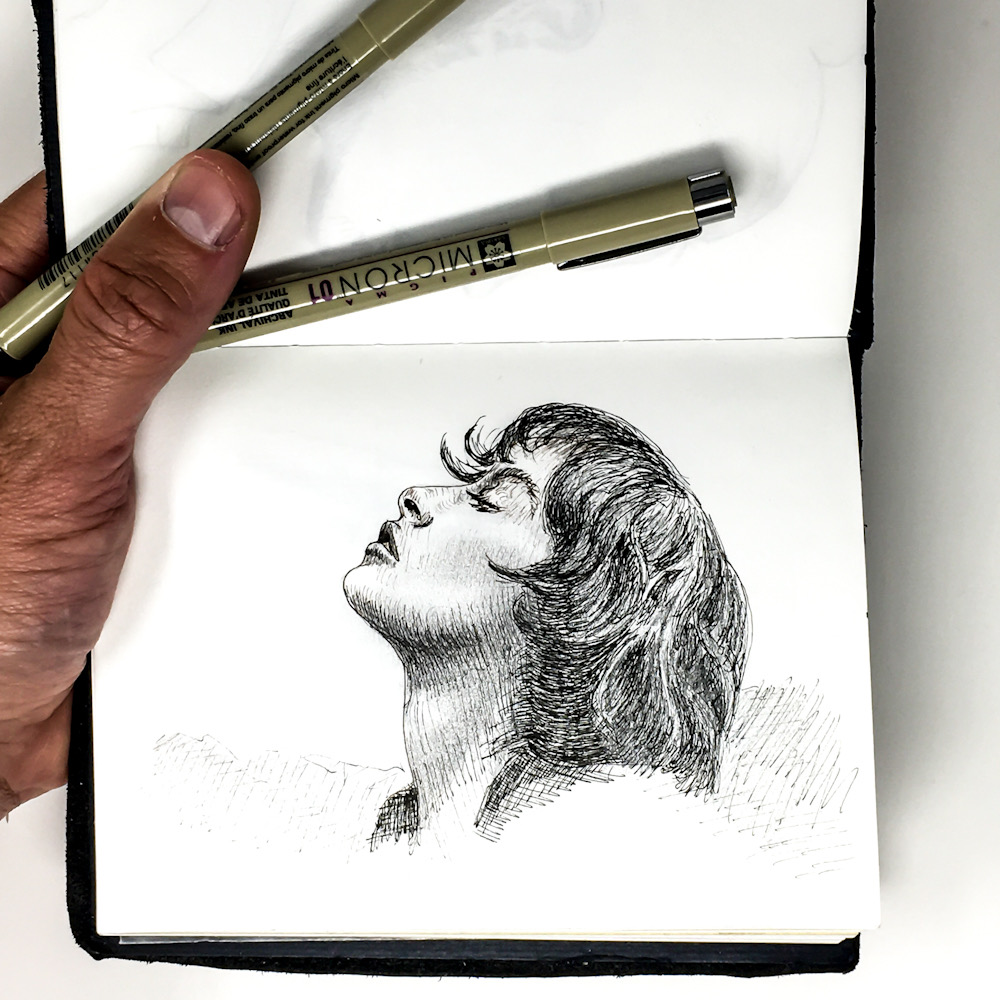 Sakura micron pen ink drawing of womans head in profile