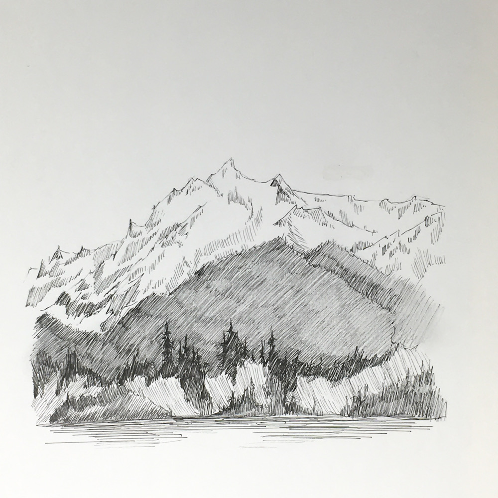 Pen and Ink drawing of Mt Shuksan, Mt Baker wilderness