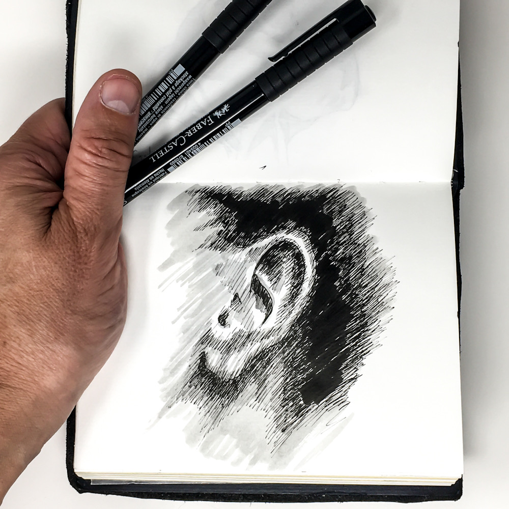 Faber Castell Pitt Art Pen and ink study of male ear and jawbone
