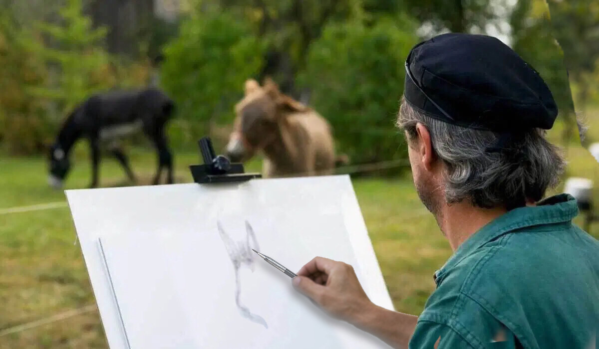 Man sketching mules en plein air with mechanical pencil