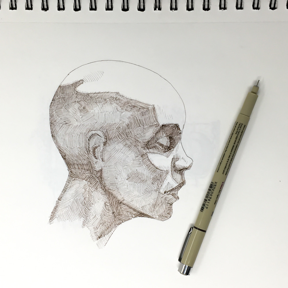 Drawing of womans head in profile with Sakura Micron Sepia pen