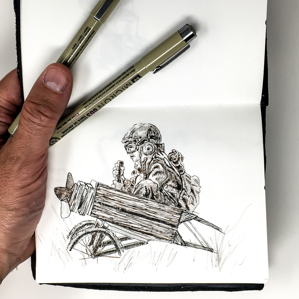 Micron Pens Art of Boy in Soap Box Airplane