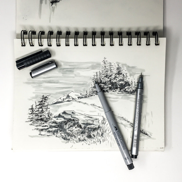 Mountain Drawing with Faber-Castell Markers and Pen