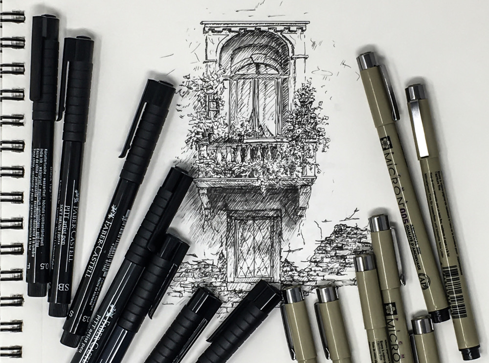 Faber Castell and Sakura Fineliner Pens over an Ink drawing of Venice Window flower Box